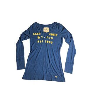 VTG Y2K Abercrombie & Fitch Blue L Womens L/S V-Neck T-Shirt Embroidered Logo